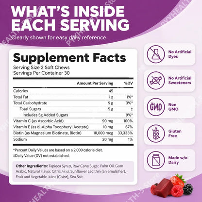Biotin Hair Growth Soft Chews Supplement, Support Fuller Thicker Hair, Vitamin C & E for Healthy Hair Nourishment, 60 Gummy