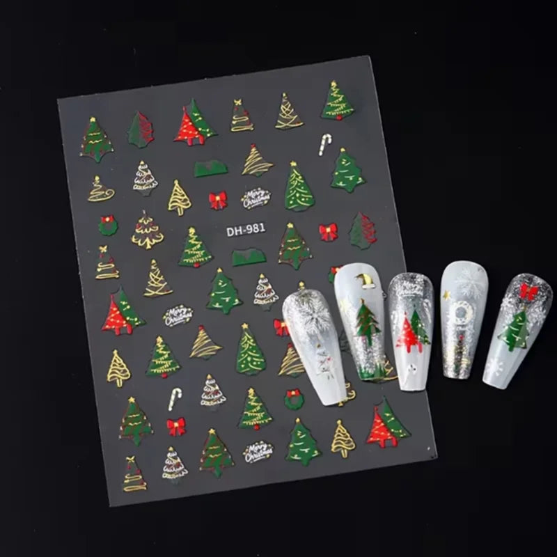 3pcs Christmas nail stickers - featuring green trees, red bows, and gold decorations - self-adhesive tree snowflake stickers