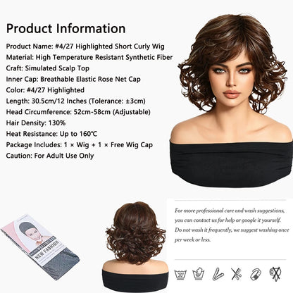 Short Curly Brown Wig with Blonde Highlights Women Synthetic Bob Wigs Natural Looking Side Bangs Heat Resistant For Daily Party