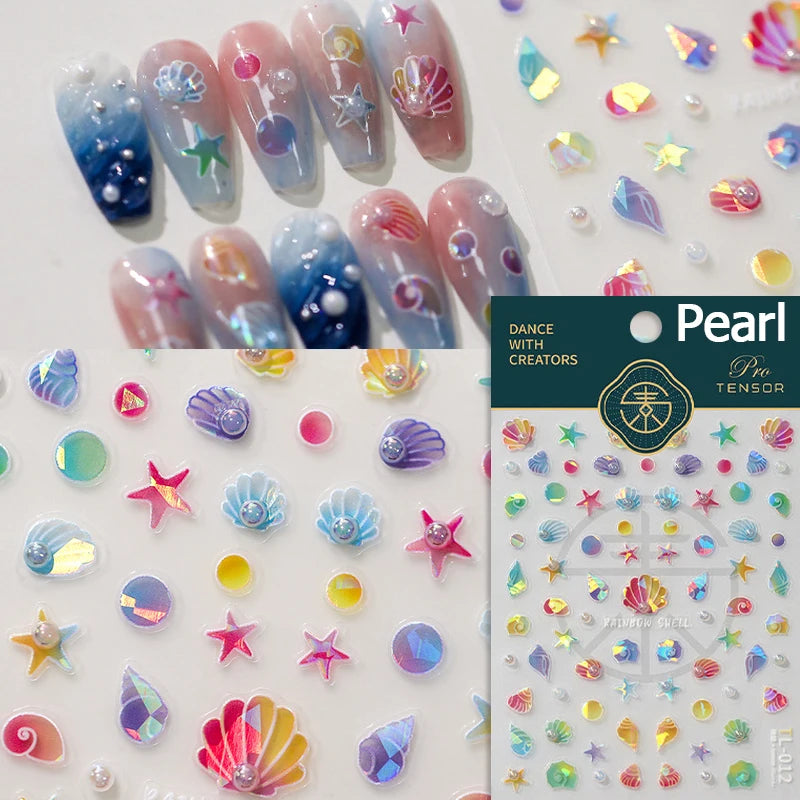 Gold Stamped Shell Conch Scallop Starfish Pearl 5D Embossed Self Adhesive Nail Art Stickers Delicate Ocean Style Manicure Decals
