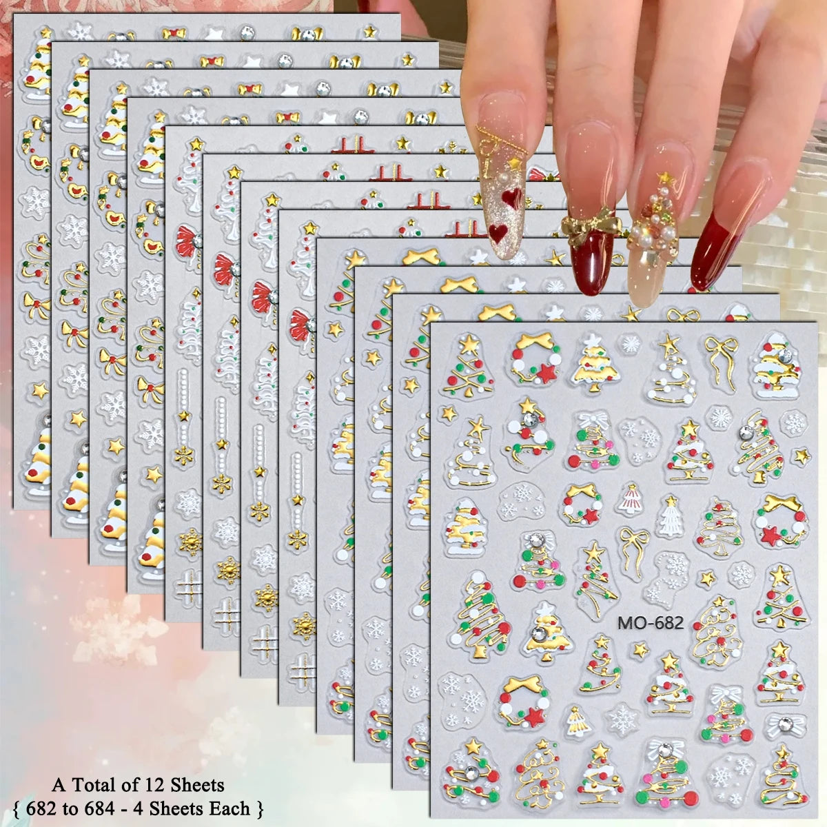 2 to 12 Sheets 5D Gold Silver Christmas Nail Decals Crystal Rhinestone Snowflake Xmas Tree Self Adhesive Nail Art Stickers