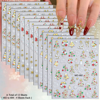 2 to 12 Sheets 5D Gold Silver Christmas Nail Decals Crystal Rhinestone Snowflake Xmas Tree Self Adhesive Nail Art Stickers