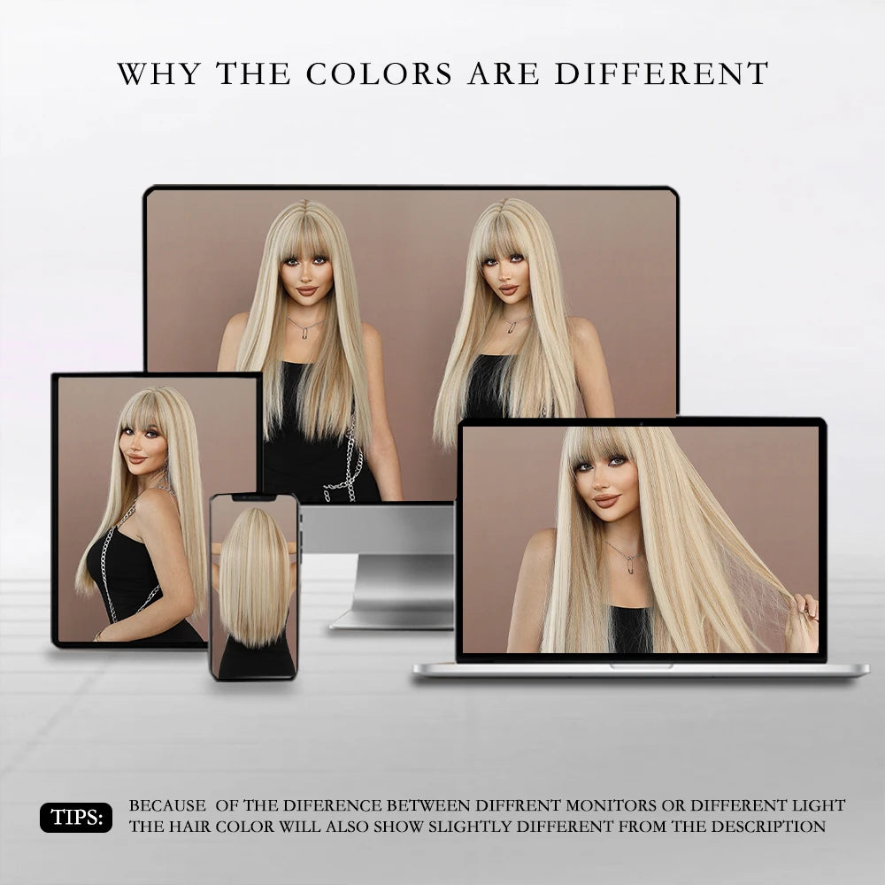 Long Straight Light Blonde Wig for Women Daily Party Highlight Brown Synthetic Layered Hair Wigs with Bangs Halloween Cosplay