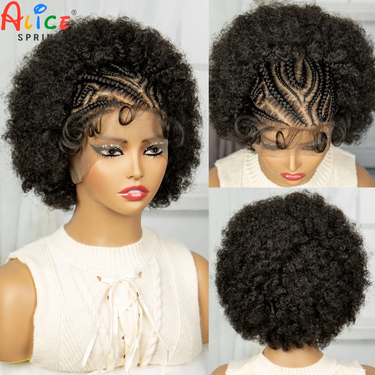 Synthetic Cornrow Braided Wig with Baby Hair 13x6 Lace Front Afro Kinky Curly Short Braids Transparent Lace Wig for Black Women