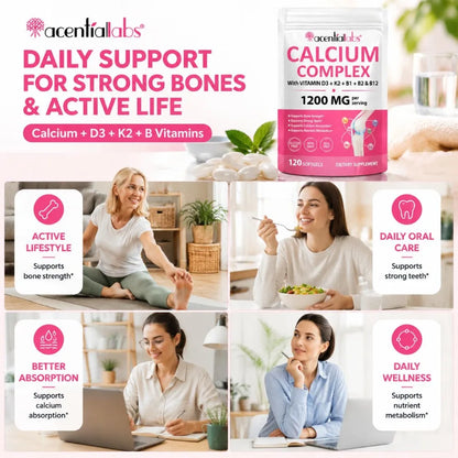 Calcium 1200mg D3 K2 B12 Softgels for Bone Strength, Teeth, Muscle, Heart & Immune Health, Gluten Free & Non-GMO, 120 Softgels