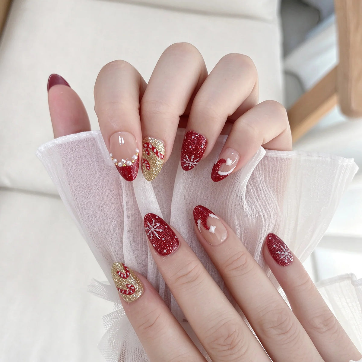 Hand Painted Christmas Fake Nails Short Almond Red Glitter Snowflake Candy Cane Pearl French Press On Nails Reusable  10 Pieces