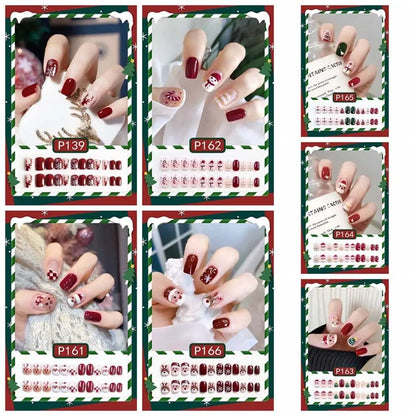 24Pcs/set Christmas Snowflake Christmas False Nails Nail Supplies Elk Pattern Christmas Fake Nails DIY Nail Accessories