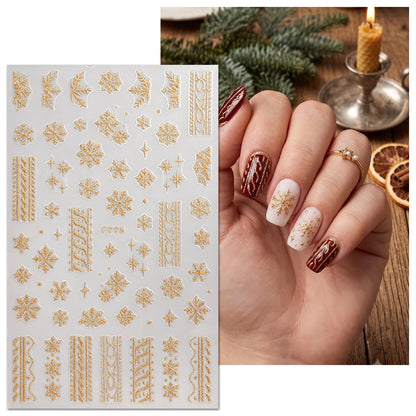 3Pcs 3D Glitter Gold Christmas Nail Stickers, Snowflake Sweater Pattern Letter Decals, Winter Holiday Gift Party Nail Supplies