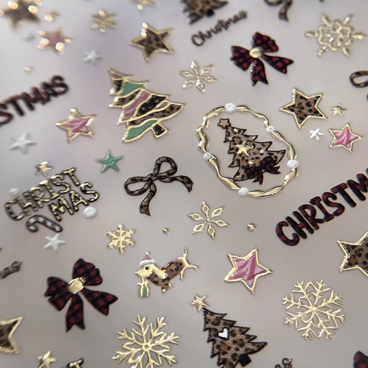 Leopard Print Christmas Tree Nail Art Stickers Golden Lines Butterfly Knots Stars Snowflakes Letters Nail Decoration Sticker DIY