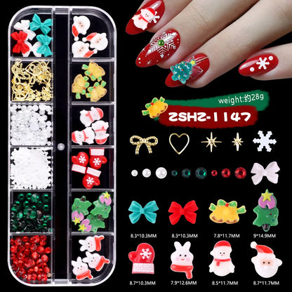 Christmas Theme Nail Art 3D Resin Decor Set, Santa Claus, Colorful Penguins, Snowman, Christmas Tree, Gloves, Bow, Star, 3D Nail