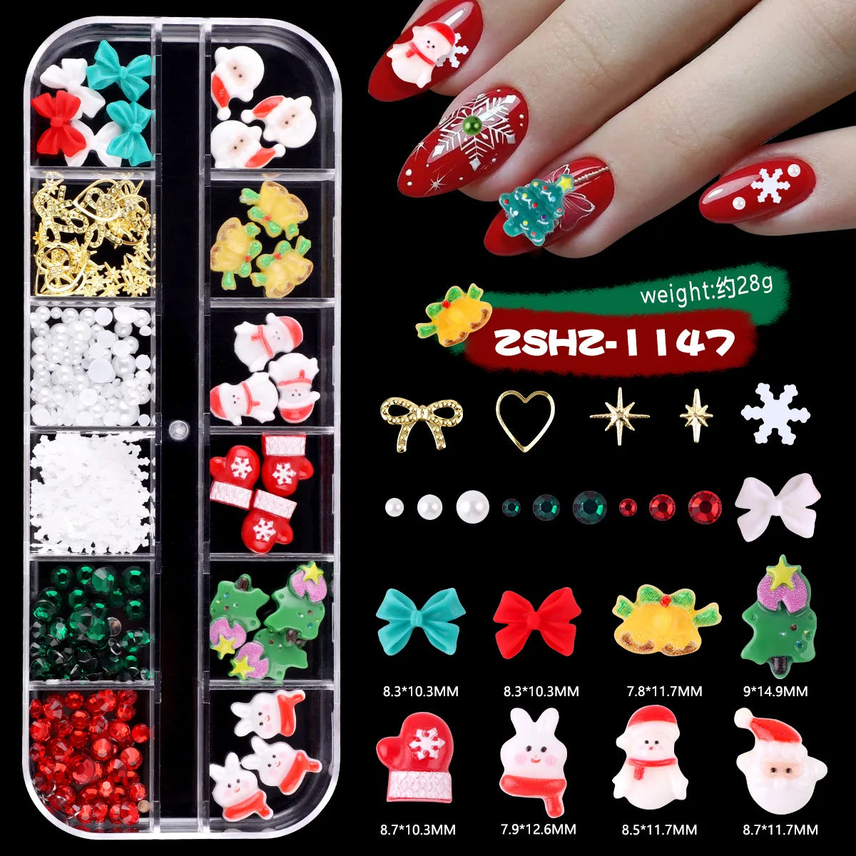 Christmas Theme Nail Art 3D Resin Decor Set, Santa Claus, Colorful Penguins, Snowman, Christmas Tree, Gloves, Bow, Star, 3D Nail