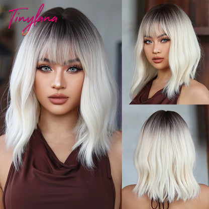 Curly Short Bob Brown Wavy Synthetic Wigs with Bangs Lolita Cosplay Brown Wig for Women Natural Daily Party Hair Heat Resistant