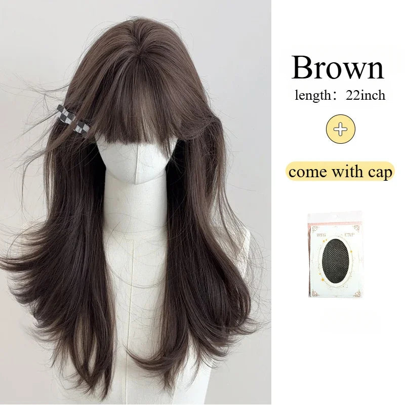 Blonde Wig with Bangs 22inch Medium Straight Hair Wig for Women Soft Natural Heat Resistant Fibers Synthetic Wigs 가발  Peluca