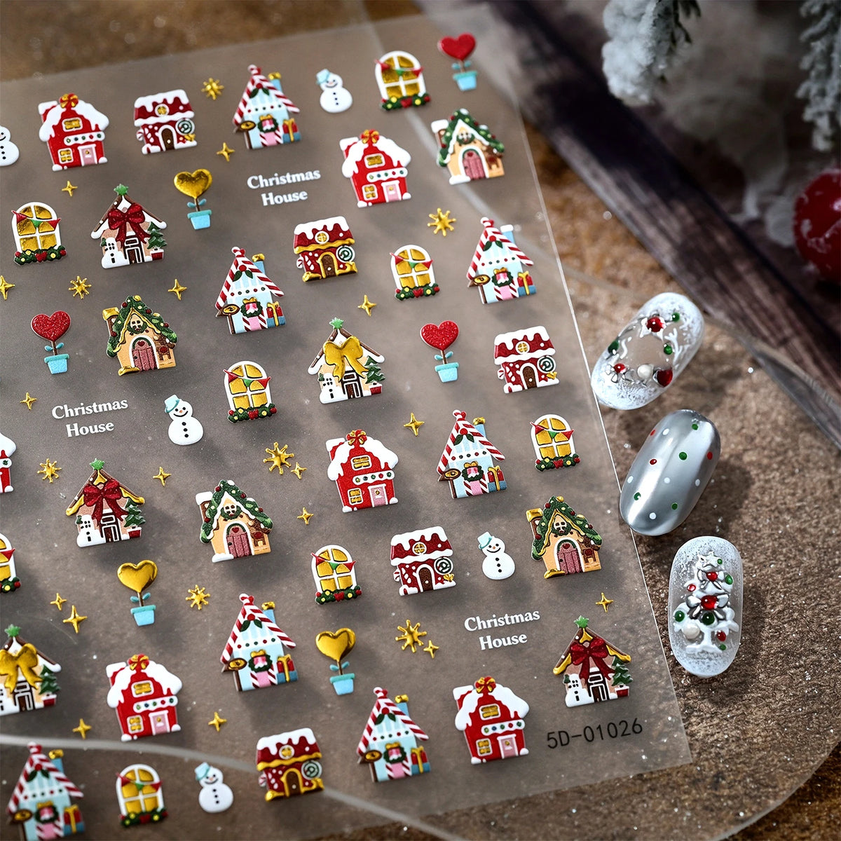1pcs Gold-foiled Christmas Tree 5D Nail Stickers Bow Holly Snowflake Wreath Christmas Nail Decals Cartoon Merry Christmas Decora