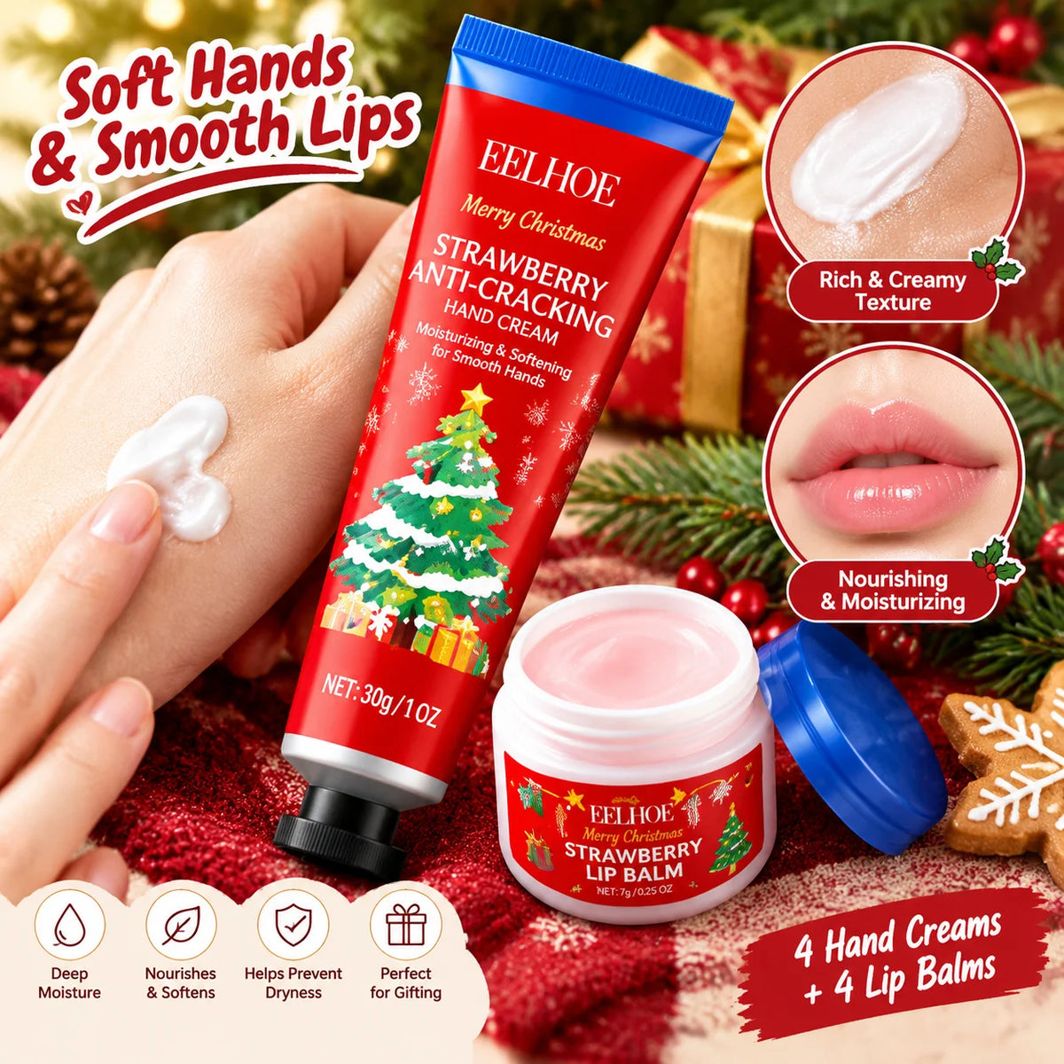 Christmas 8 Pcs Hand Cream and Lip Balm Gift Set Fruit Scented Moisturizing Nourishing Skincare for Women Travel Size 8 Pieces