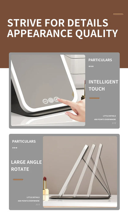 Makeup Mirror LED Dimmable Portable Foldable Design with Touch Screen 3 Colors Light Stepless USB Charging for Beauty Fashion