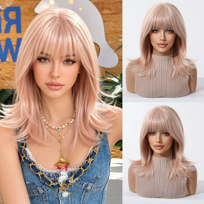 Short Light Pink Wave Synthetic Wigs with Bangs Rose Gold Lolita Natural Hair Wigs for Women Cosplay Daily Party Heat Resistant