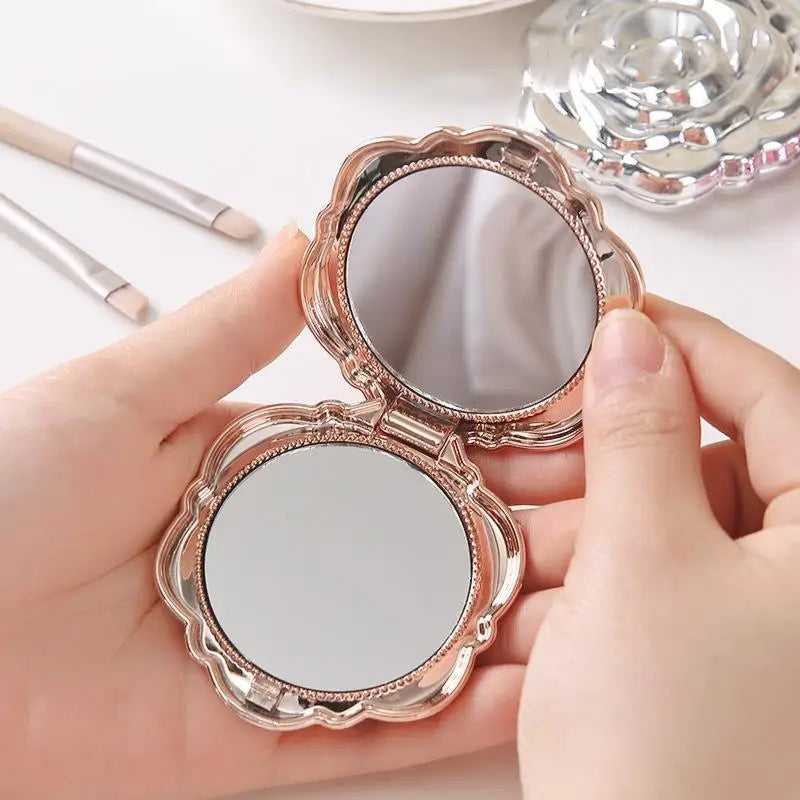 Portable Mini Mirror Retro Rose Flower Shape Small Pocket Makeup Mirror Double Sided Hand Mirrors Compact Cosmetic Beauty Girls