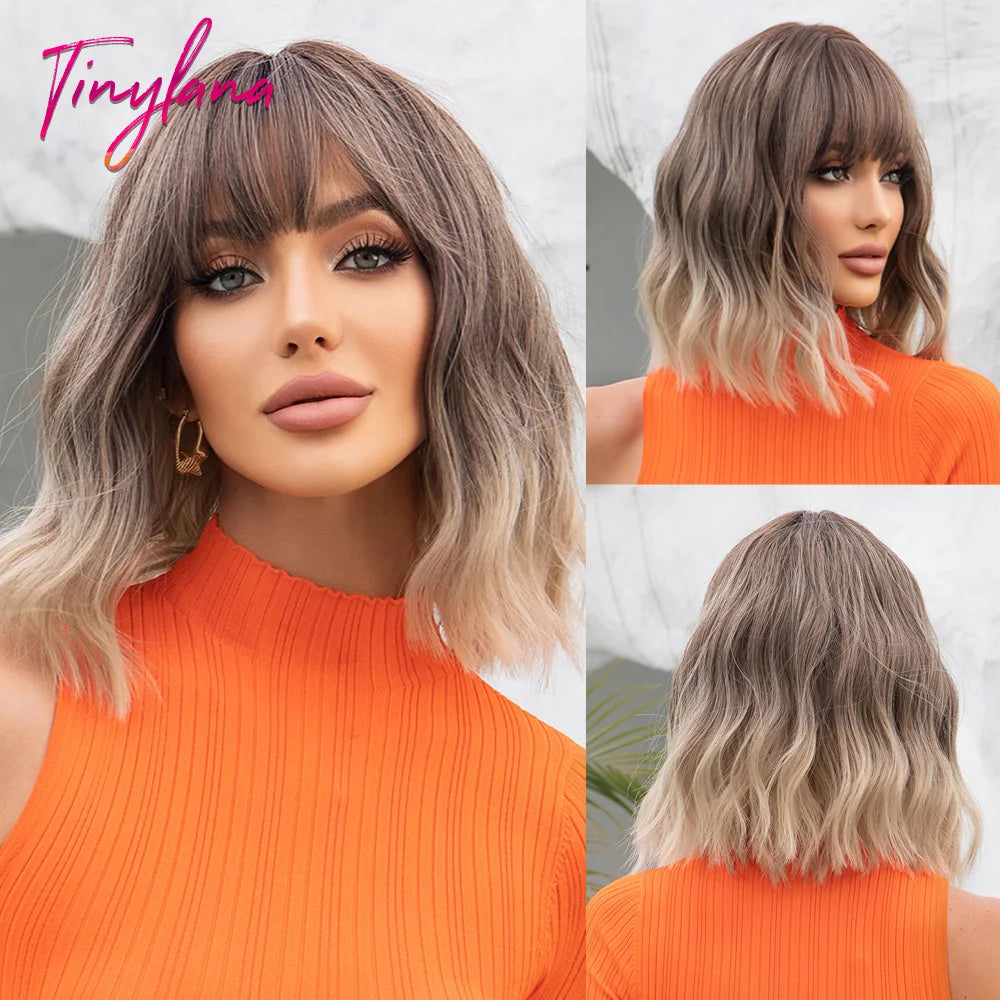 Curly Short Bob Brown Wavy Synthetic Wigs with Bangs Lolita Cosplay Brown Wig for Women Natural Daily Party Hair Heat Resistant