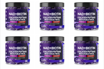 Biotin Collagen Gummies with NAD+ Resveratrol Vitamin D3 K2 Zinc Daily Beauty Wellness Supplement 60 Count Berry Flavor