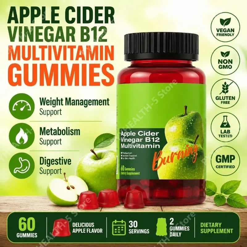 Apple Cider Vinegar B12 Gummies Digestive Comfort Multivitamin Boost Metabolism for Men Women Free Vegan Gluten-Free 60 Gummies