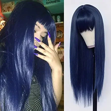 Synthetic Replacement Hair Wig With Bangs Blue Color Heat Resistant  Wigs for Fashion Women