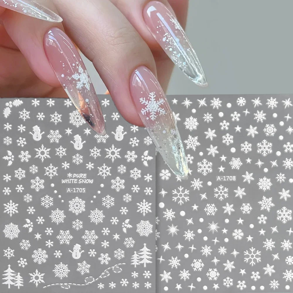 1sheet 3D White Snowflakes Nail Stickers for Christmas Winter Snow Flower Self-adhesive Nail Art Decals DIY Manicure Decorations