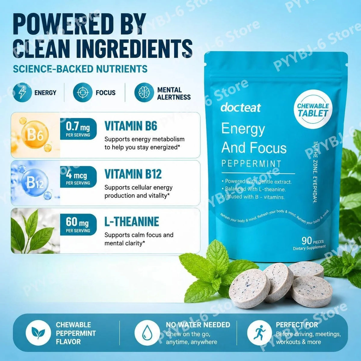 Docteat Peppermint Energy & Focus Chewable Tablets with L-Theanine and B Vitamins for Daily Vitality Support, 90 Tablets