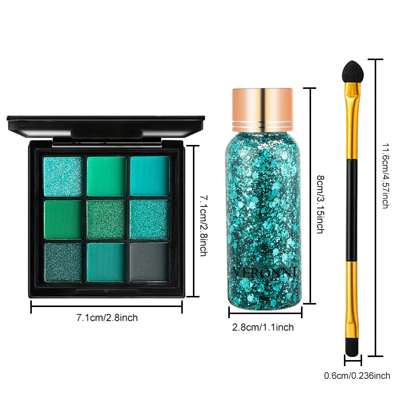 9 Colors Green Eyeshadow Palette + Glitter Gel + Brushes Set, Matte Shimmer Pigmented Makeup Kit for Halloween Cosplay Party