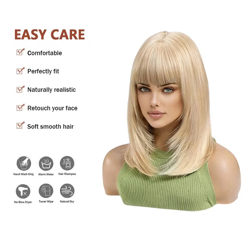 #613 Platinum Blonde Short Bob Wig with Bangs Natural Straight Shoulder Length Wig Heat Resistant Synthetic Daily Wear Full Wig