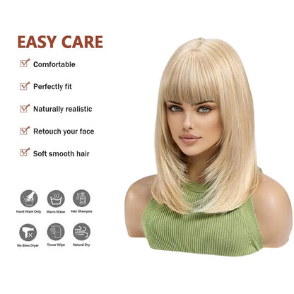 #613 Platinum Blonde Short Bob Wig with Bangs Natural Straight Shoulder Length Wig Heat Resistant Synthetic Daily Wear Full Wig