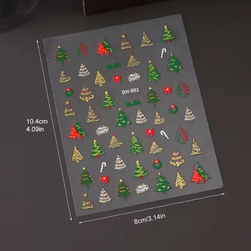 3pcs Christmas nail stickers - featuring green trees, red bows, and gold decorations - self-adhesive tree snowflake stickers