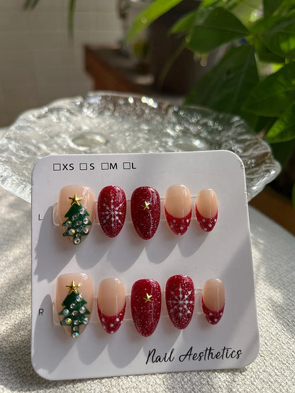 Handmade Short Almond Press On Nails Red Glitter Christmas False Nails Rhinestone Christmas Tree Snowflake Design Reusable 10Pcs