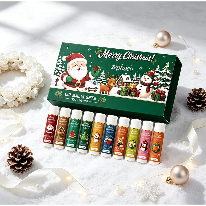 Christmas Lip Balm Set 10Pcs Multiple Flavors Moisturizing Nourishing Dry Lip Care Portable Holiday Gift Lip Balms
