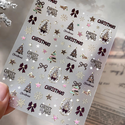 Leopard Print Christmas Tree Nail Art Stickers Golden Lines Butterfly Knots Stars Snowflakes Letters Nail Decoration Sticker DIY