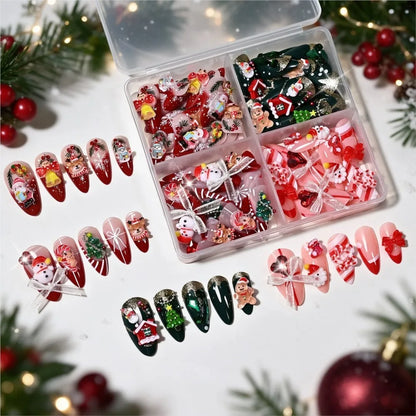 96PC 3D Red Green Medium Almond Christmas Press On Nails Cute Elk/Bell/Snowman/Santa Claus/Xmas Tree Fake Nails Full Cover Nails