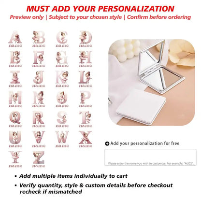 Customized Name PU Handheld Makeup Mirror Cover Dressing Double-Sided Portable Foldable Pocket Cosmetic Mirror