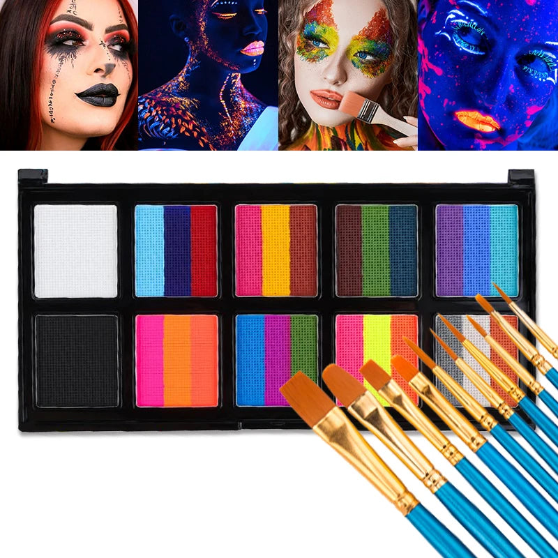 10 grids, 26 colors Rainbow face Art Painting Kit with 10pcs brush water-soluble Makeup Tattoo paint palette halloween Christmas