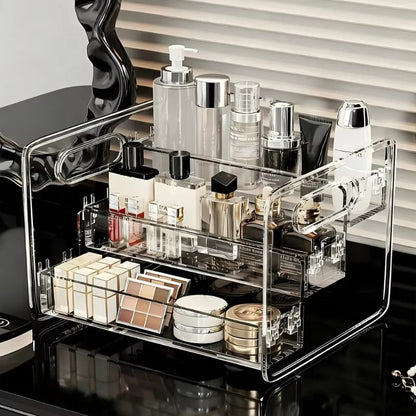 1pc Transparent Portable Three Compartment Cosmetic Storage Box desktop Dresser Large Capacity Skin Care Perfume Display Rack