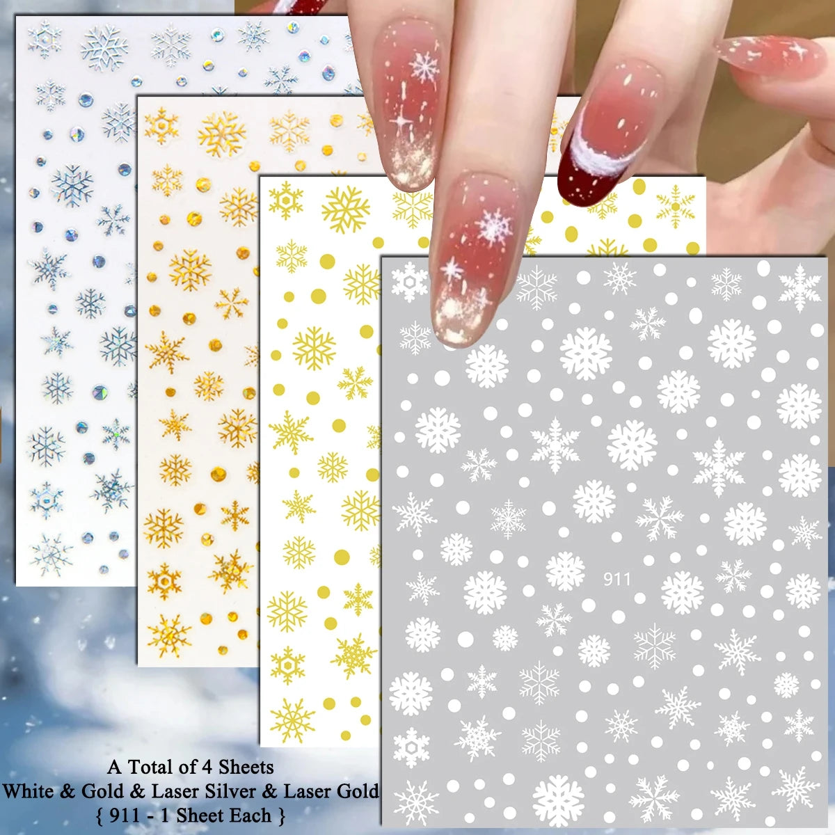 4 to 24 Sheets Xmas Snowflake Gold Silver Blue Holographic Self-Adhesive Winter Christmas Decor DIY Manicure Nail Art Stickers