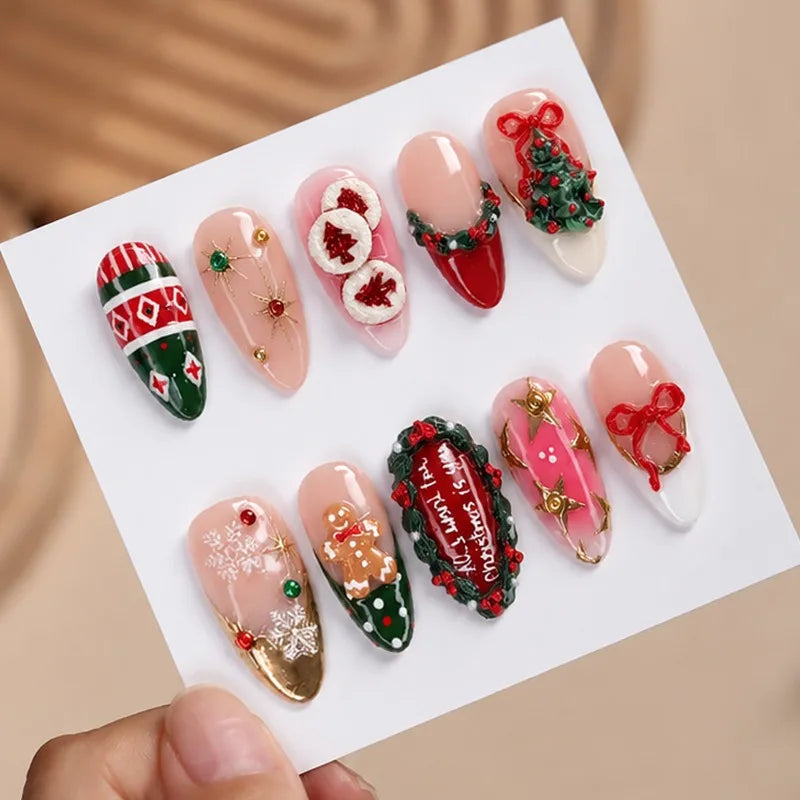 24PCS Christmas Red Almond Press on Nails Sweet 3D Gingerbread Man Xmas Tree Snowflake Design False Nails Wearable Acrylic Nails