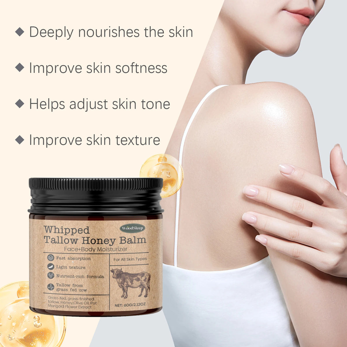 Whipped Beef Tallow Honey Balm Deeply Moisturizer Brightening Fast Absorption Grass Fed Grass Finished Face Cream Body Lotion