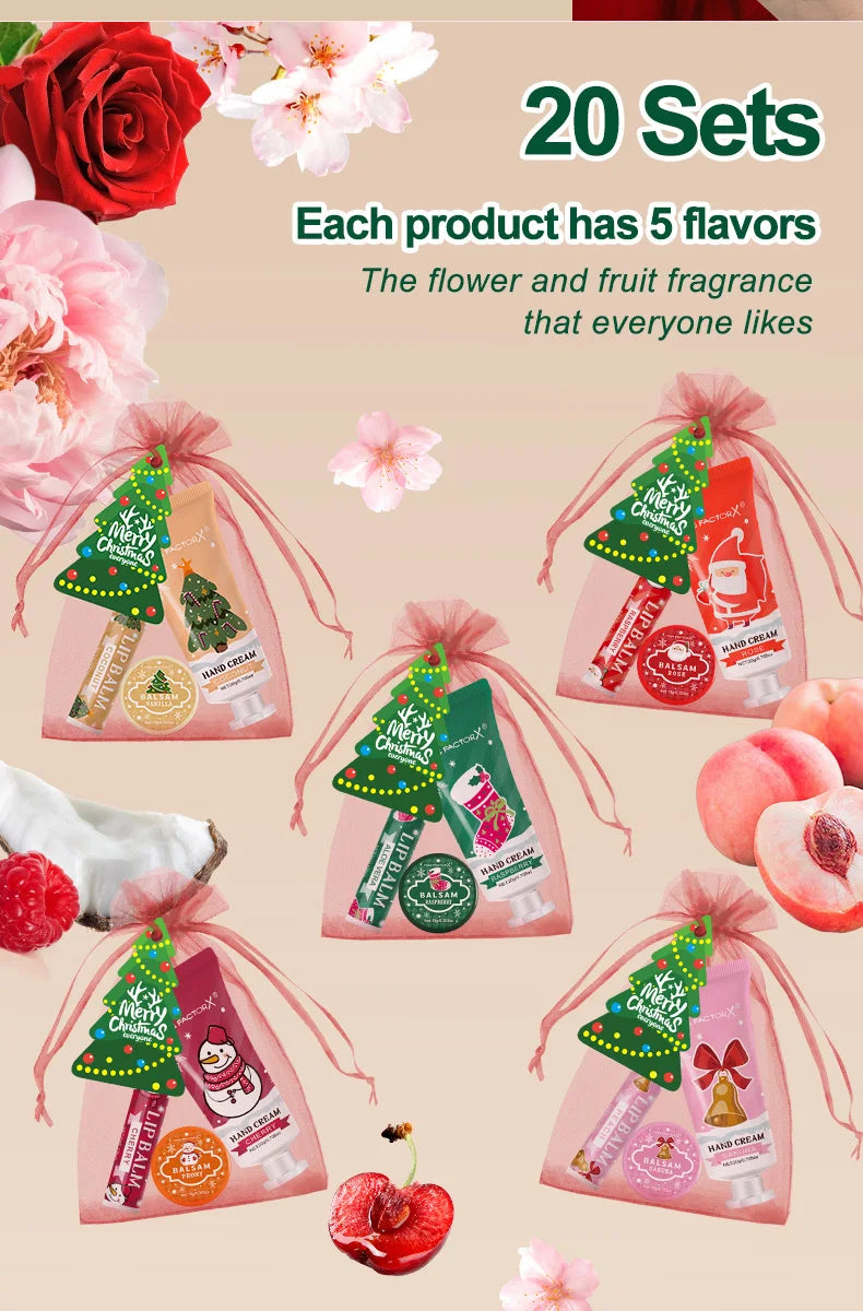 Christmas Assembly Gift Set - 20 Sets, Including Balm, Hand Cream, Lipstick, Red Gauze Bag, Christmas Tree Thank You Card