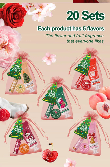 Christmas Assembly Gift Set - 20 Sets, Including Balm, Hand Cream, Lipstick, Red Gauze Bag, Christmas Tree Thank You Card