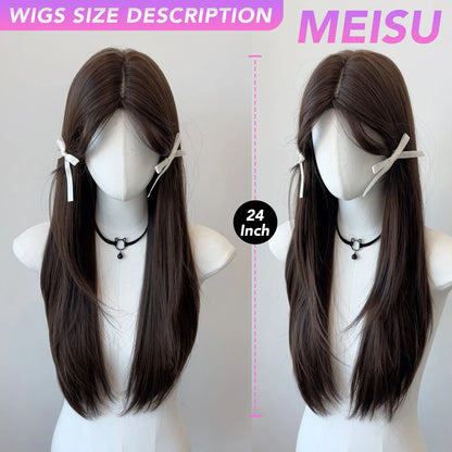MEISU 24-26 Inch Dark Brown Straight Synthetic Wig  Heat-Resistant Natural Smooth Hair Stylish Party Bangs Wigs For Women
