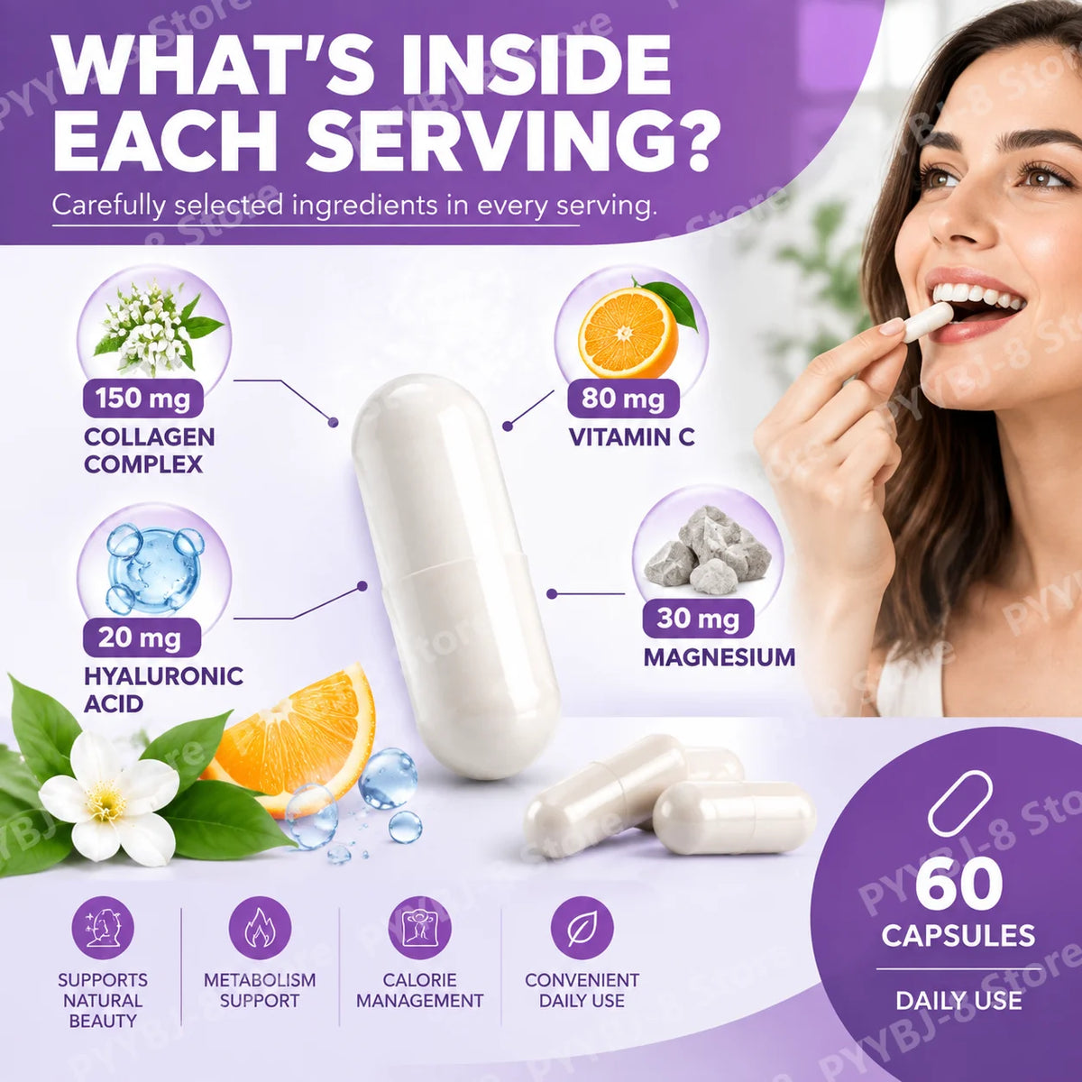 Collagen Glow Restoration Capsules, Boost Metabolism & Support Calorie Balance, Collagen Complex Hyaluronic Acid Magnesium 60Ct