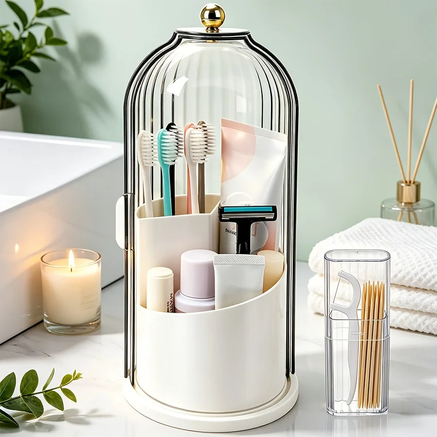 2pcs 360° Rotating Dustproof Makeup Brush Storage Box, Sliding Door Cosmetic Storage Rack + Dental Floss Storage Box