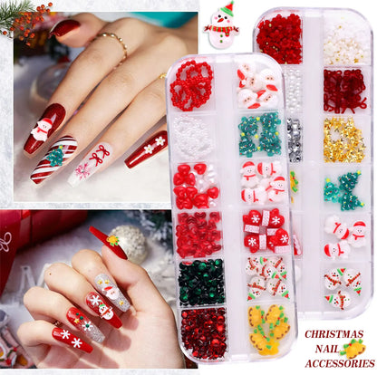 Christmas Theme Nail Art 3D Resin Decor Set, Santa Claus, Colorful Penguins, Snowman, Christmas Tree, Gloves, Bow, Star, 3D Nail