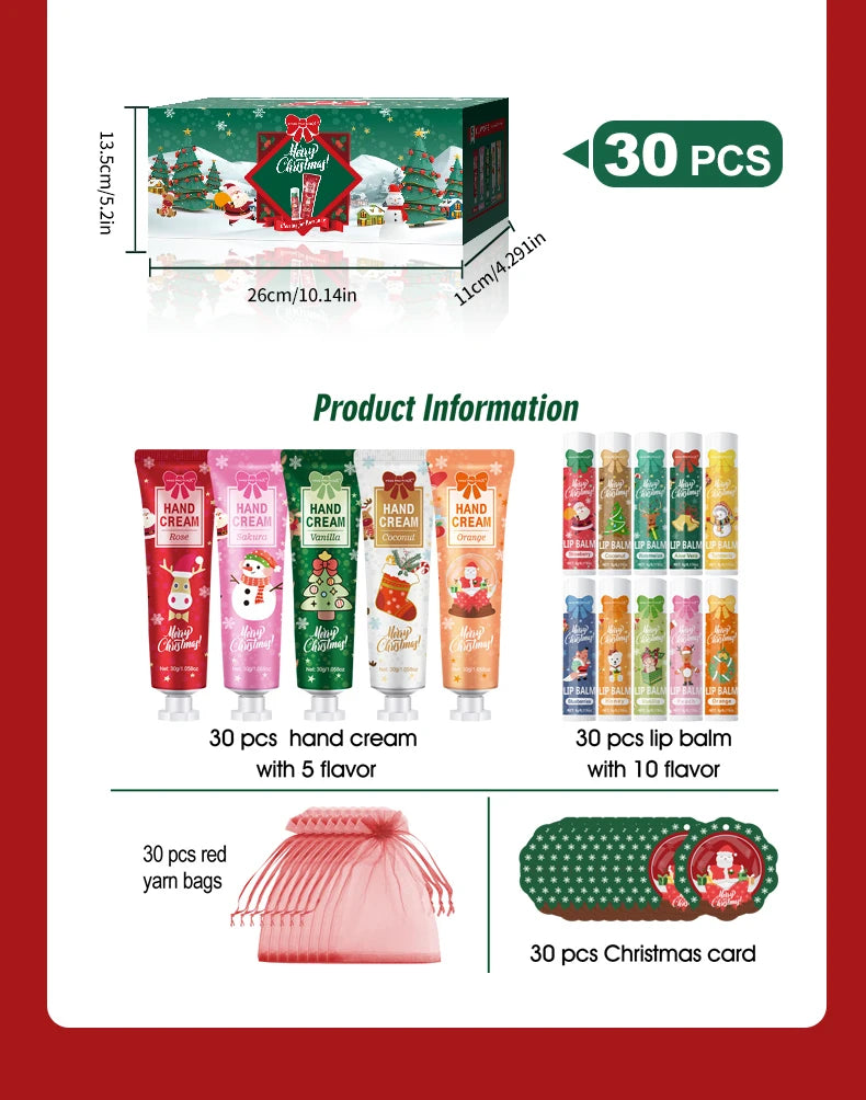 30 Sets per Box. Assorted Moisturizing Lip Balms and Hand Creams. Perfect for Christmas Giveaways and New Year Gifts.