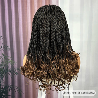 Knotless Box Braided Wig with Wavy Ends Synthetic Lace Frontal 1B-30 Dark Ombre Braided Lace Wig with Baby Hair for Black Women